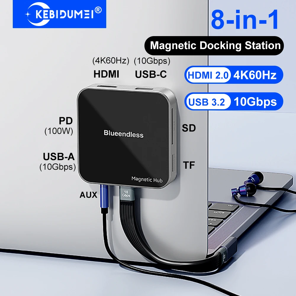 

Магнитный концентратор 8 в 1, док-станция USB C, адаптер типа C к HDMI 4K60 Гц, USB A 3,2, 10 Гбит/с, PD100W, USB-концентратор, разветвитель для ноутбука, ПК