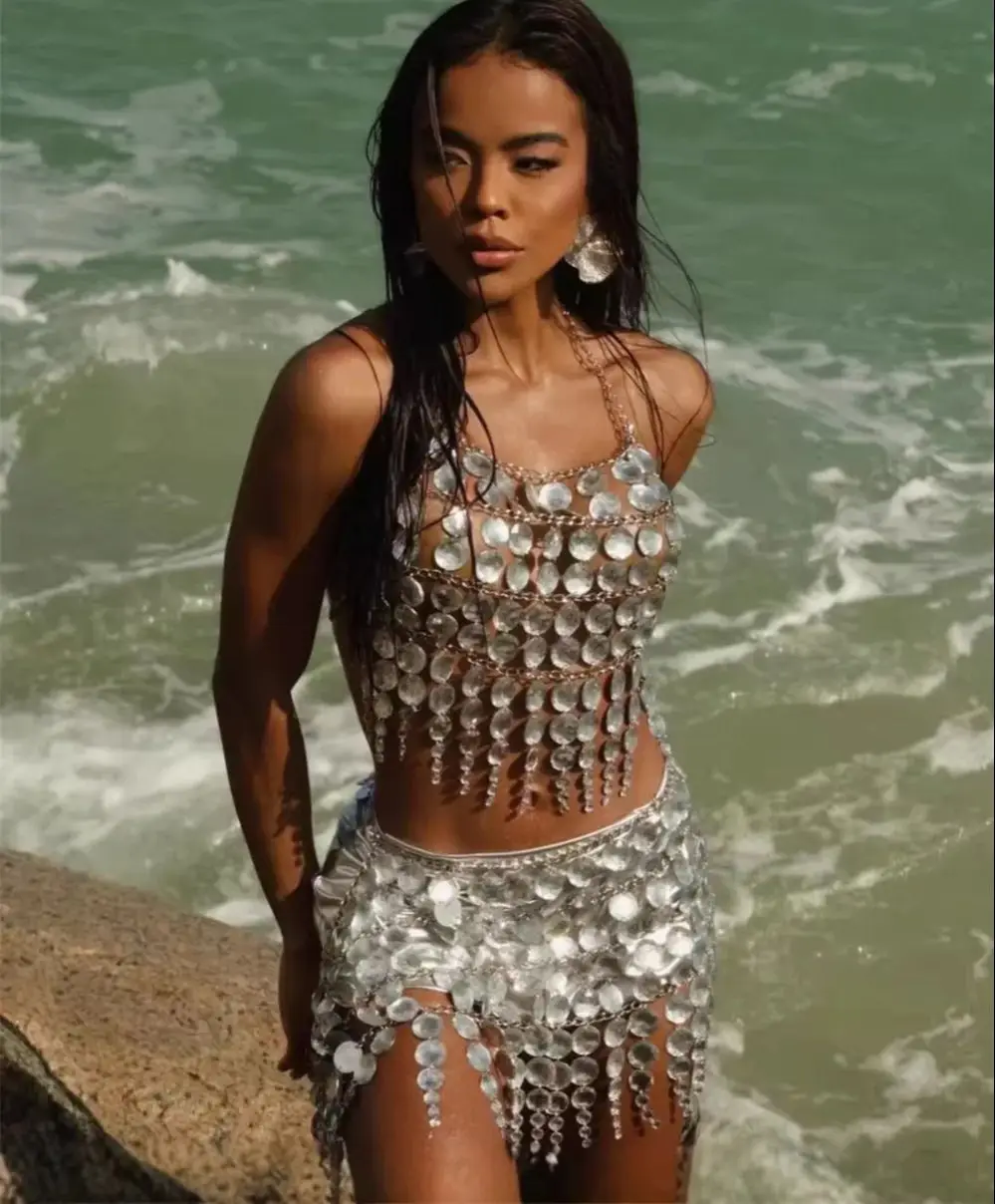 New European And American Style Transparent Color Glitter Gemstone Top And Skirt Set, Holiday Nightclub Clothing For Women