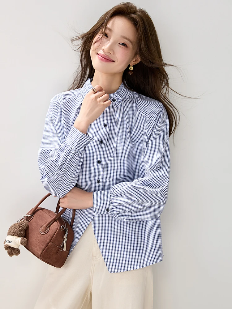 خمر الوقوف طوق منقوشة الكشكشة قميص المرأة الخريف سيدة أنيقة بسيطة تنوعا الأزرق فضفاضة طويلة الأكمام بلوزة بلايز عادية