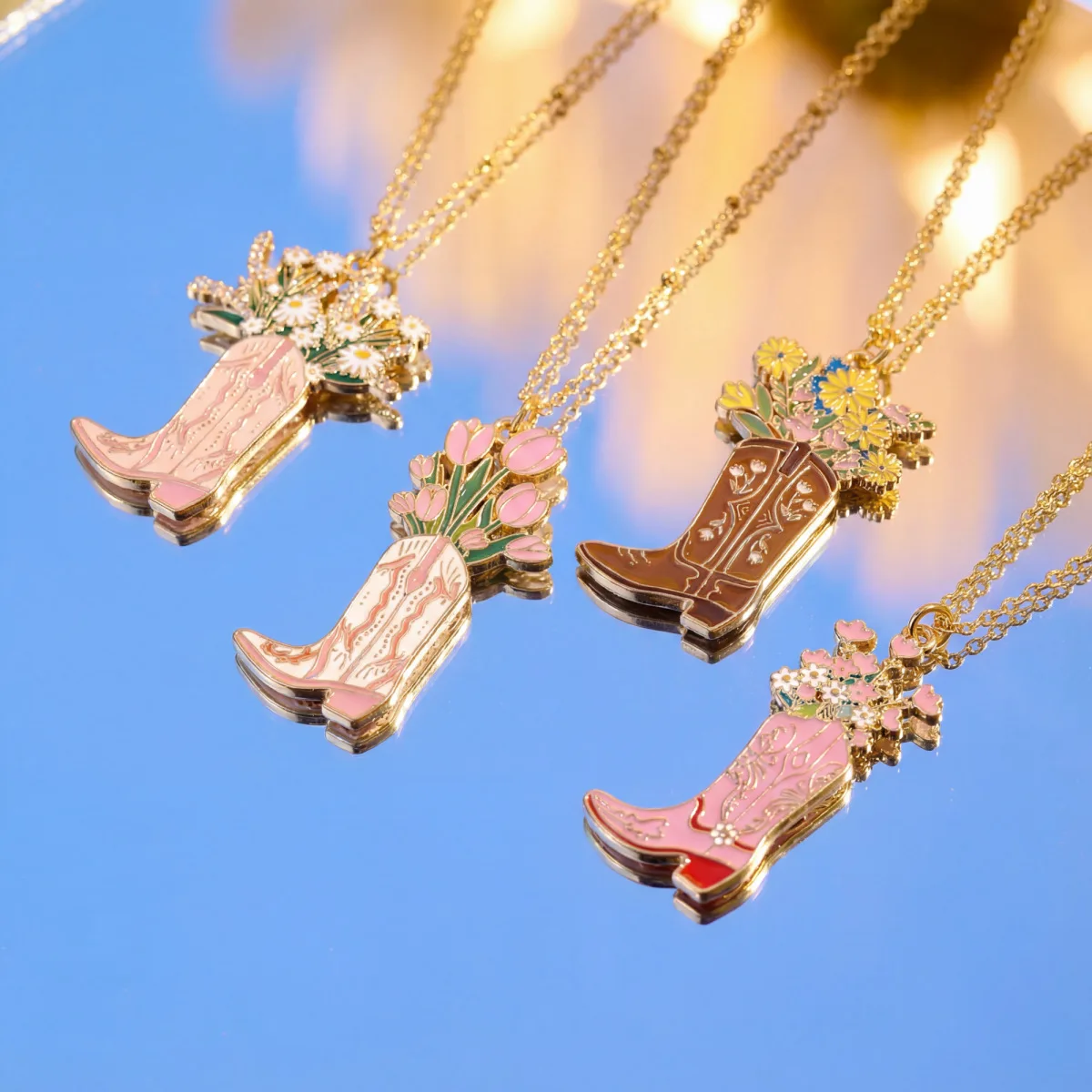 New Hot Selling Flower Field Boots Necklace Western Denim Style Flower Bouquet Necklace Flower Boots Pendant Necklace Jewelry