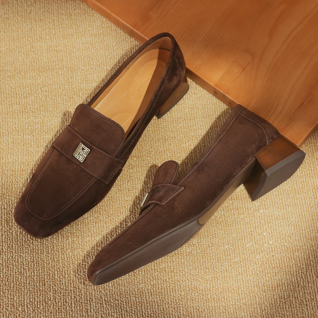 2024 Spring new women\'s natural suede leather square toe slip-on flats loafers high quality soft comfortable female moccasins 42