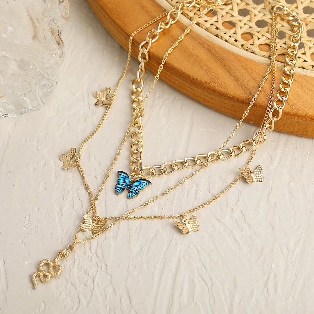 2022 New Creative Simple Temperament Women\'s Necklace Lovely Atmosphere Blue Butterfly Snake Necklace 3-piece Set