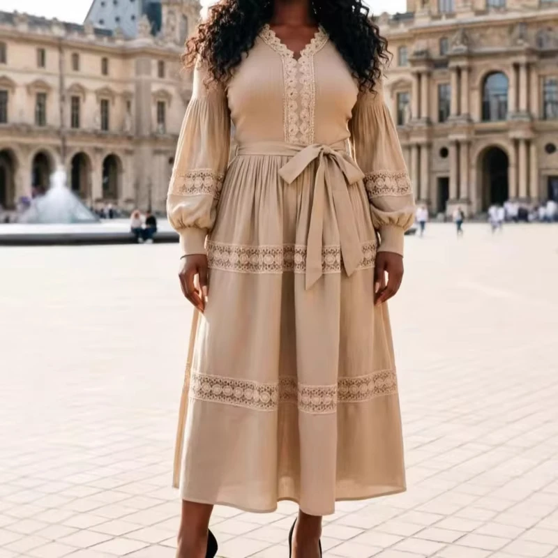 ANLAN Elegant Dusty Pink Lace Panel Women‘s Pleated Miyaki Dress V Neck Puff Sleeve Waist Tie Pleated Casual Dresses 2026 Nwe
