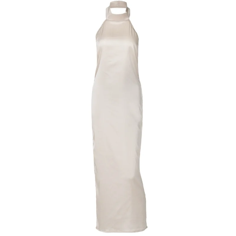 Women Elegant Satin Halter Neck Mermaid Long Dress, Front Waist Gathering Draped Cowl Open Back Slim Bodycon Formal Maxi Gown view 6