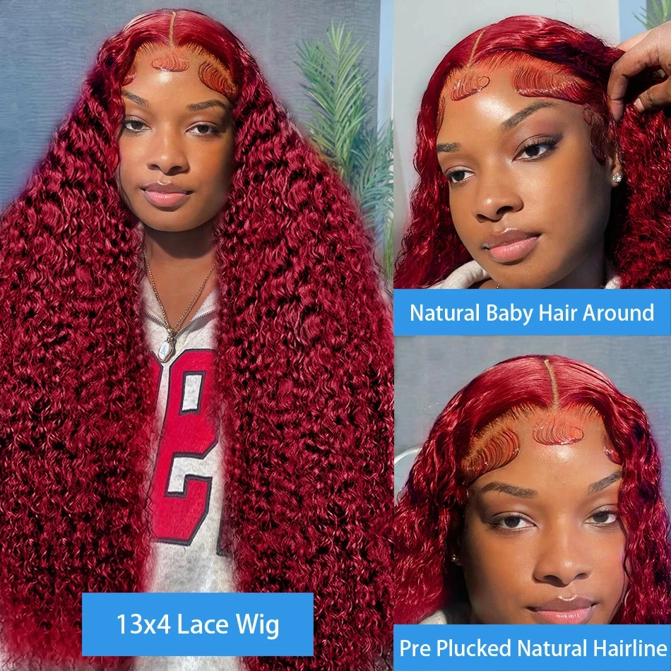 200 Density Burgundy 13x6 HD Lace Frontal Human Hair Wig Deep Wave Curly wig 13x4 Lace Front Human Hair Wigs For Women 99J Color