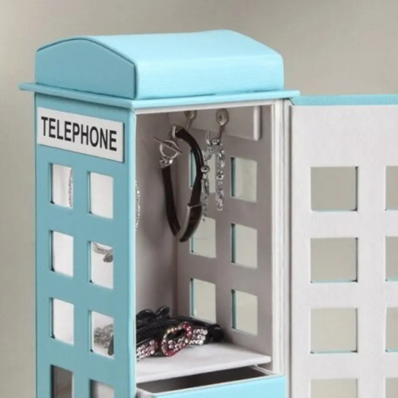 2025 جديد ريترو البريطانية كابينة الهاتف صندوق مجوهرات 11.5 "طويل القامة الأزرق الجلود رائعة مجوهرات حقيبة للتخزين منظم الزخرفية