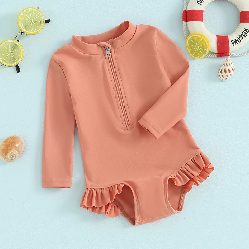 Infant Girls  Swimsuit with Long Sleeve Rash Guard and Ruffles Zipper Closure Solid Color Bathing Suit Beachwear