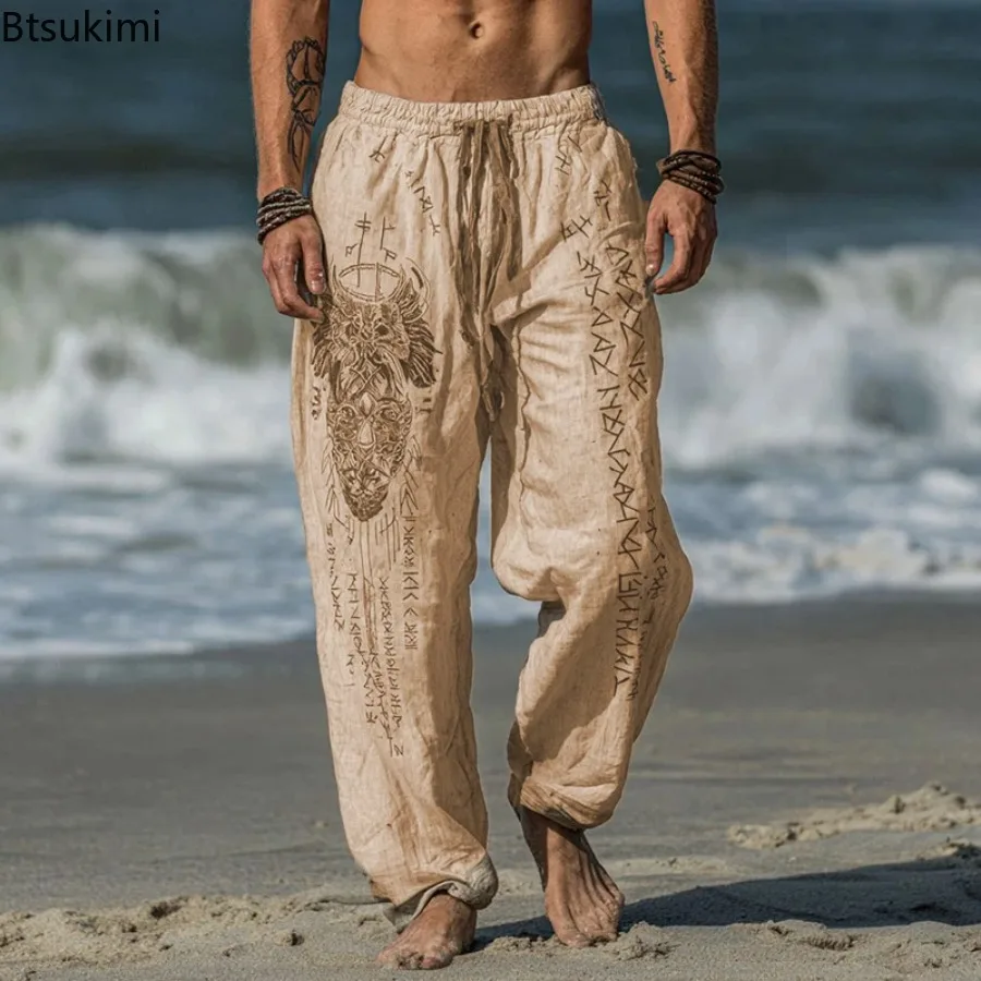 2026 New Men's Fall Daily Casual Pants Vintage Pattern Printing Loose Straight Pants Leisure Breathable Drawstring Men Trousers