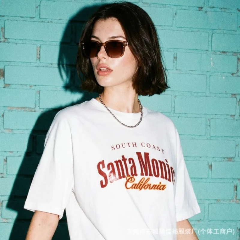 Vintage West Coast White Oversized Tee Retro Layered Santa Monica California Print Soft Cotton Loose Women Beach Street T Shirt