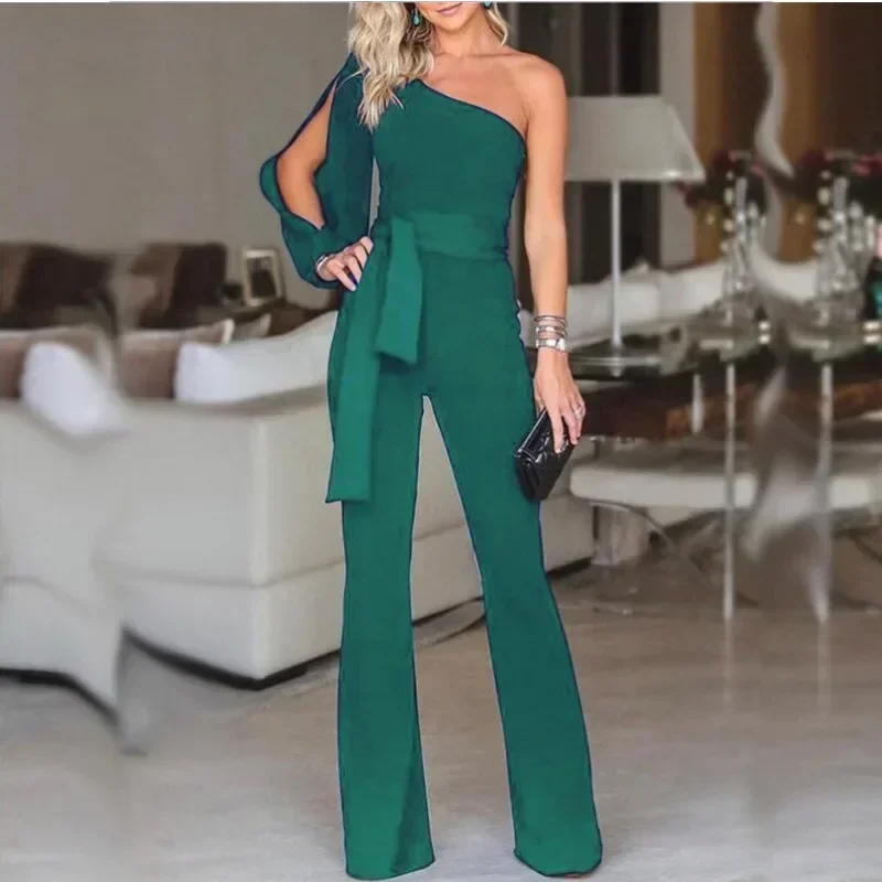 New women\'s single shoulder high waistband solid color slim fit sexy jumpsuit fashionable and versatile