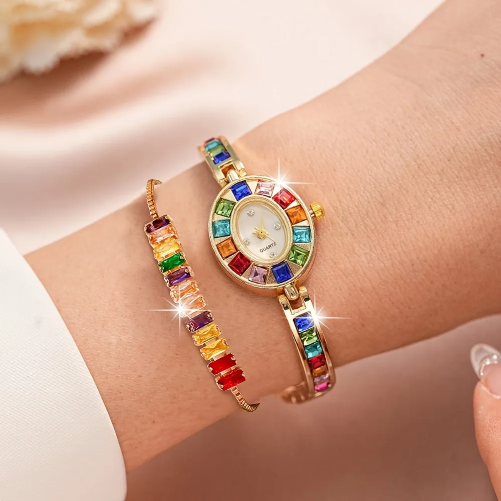 5pcs Fashion Multicolor Rhinestone Women Watch Jewelry Set Elegant Bracelet Strap Ladies Quartz Wristwatches Clock（Without Box）