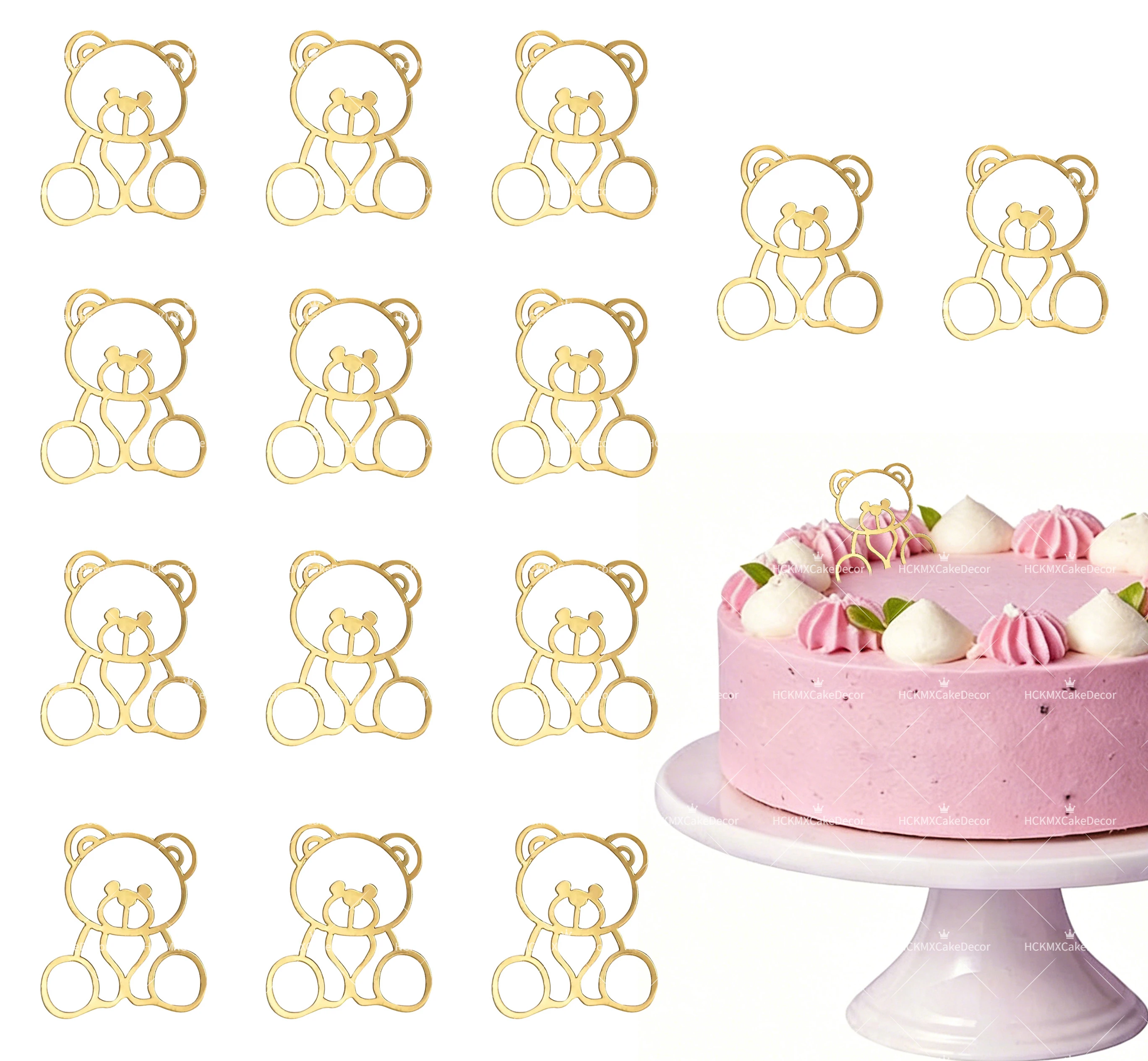 10 Stück Goldene Teddybär-Kuchendekoration Acryl Hohlbär-Form Cupcake-Topper für Baby 1. Geburtstag Party-Zubehör