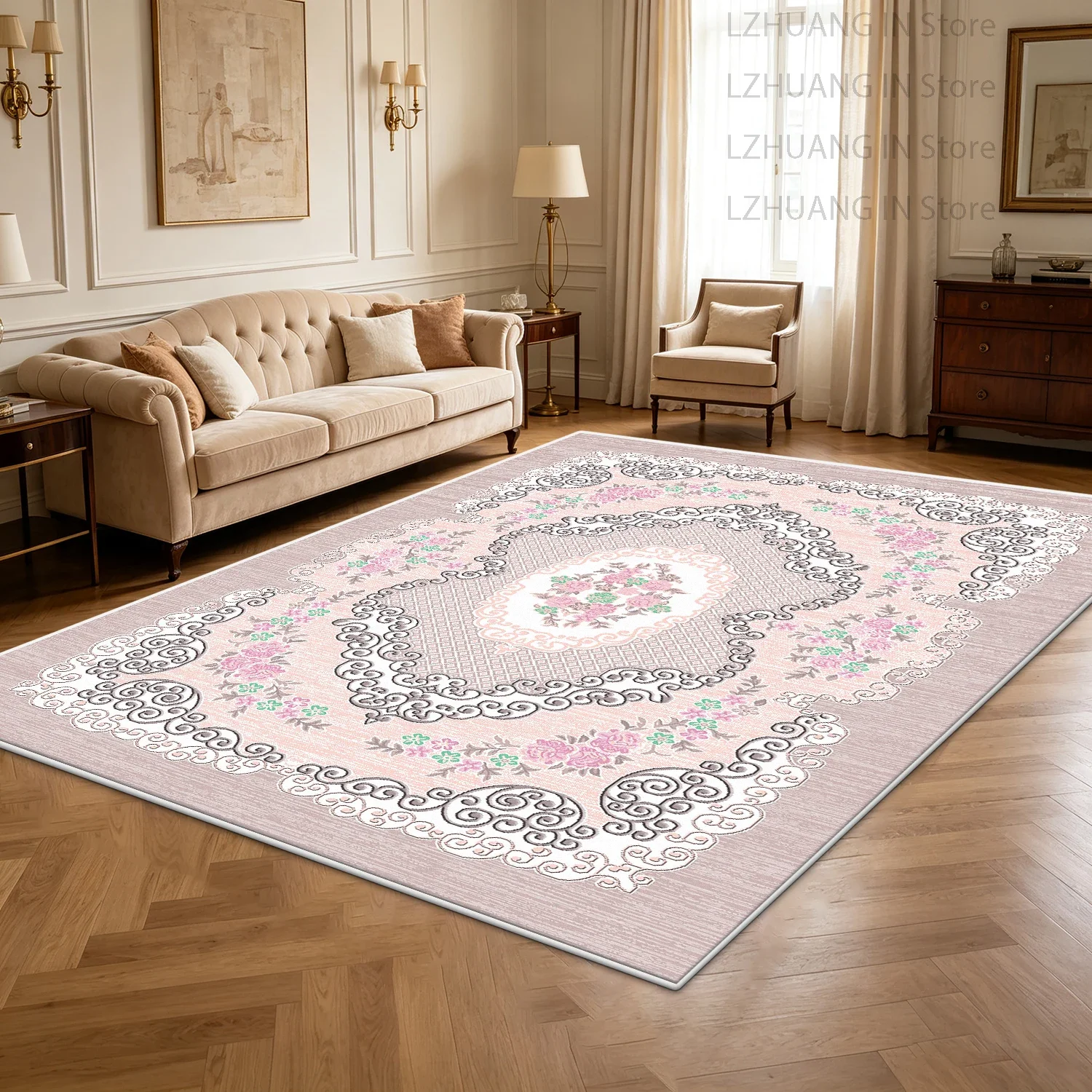 European Retro Court Style Short Velvet Living Room Carpet Luxury Baroque Rose Ornate Border Large Rug Non-slip Easy Clean Mat