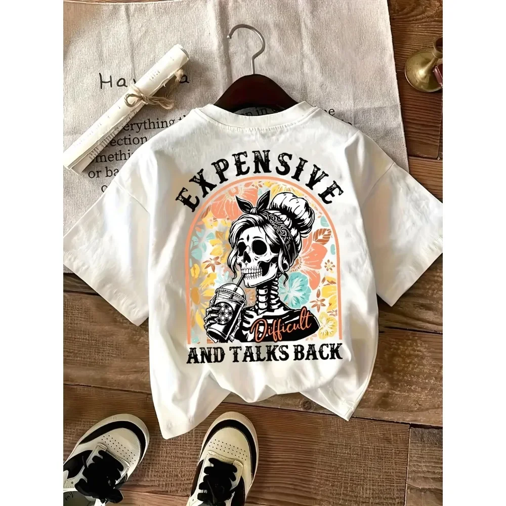 Vintage Cotton Skull Printed Cotton T-shirt Hallowen Short Sleeve Crew Neck Casual Top for Summer Spring Men Women's Clothing