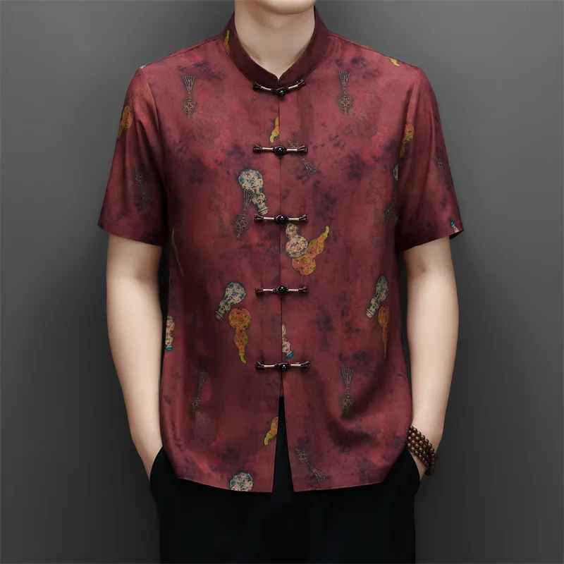 Polyester&Elastane Exquisite Shirts For Men Short Sleeve Premium Summer Quality Frog Button Tang Costume Print Camisas De Hombre