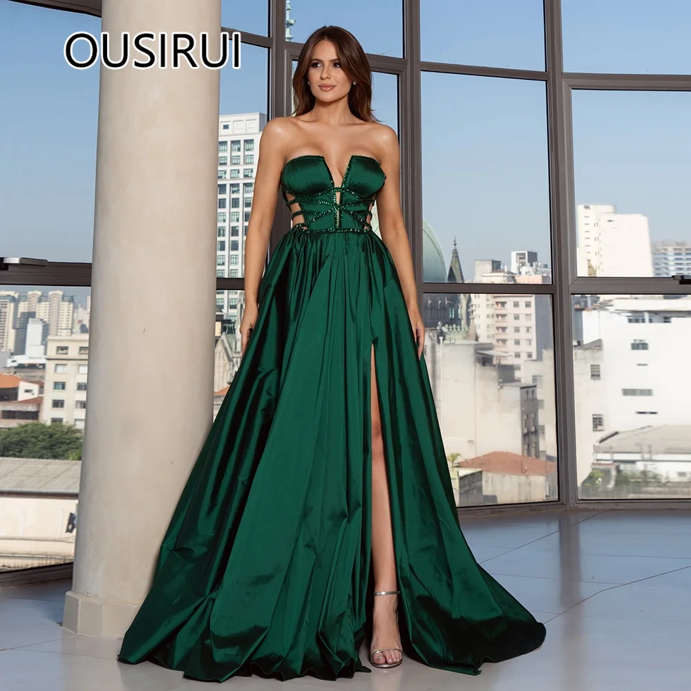 Strapless Satin Beaded Formal Evening Party Gown A-line Backless Court Side Slit Court Evening Bridesmaid Gown Saudi Custom Made