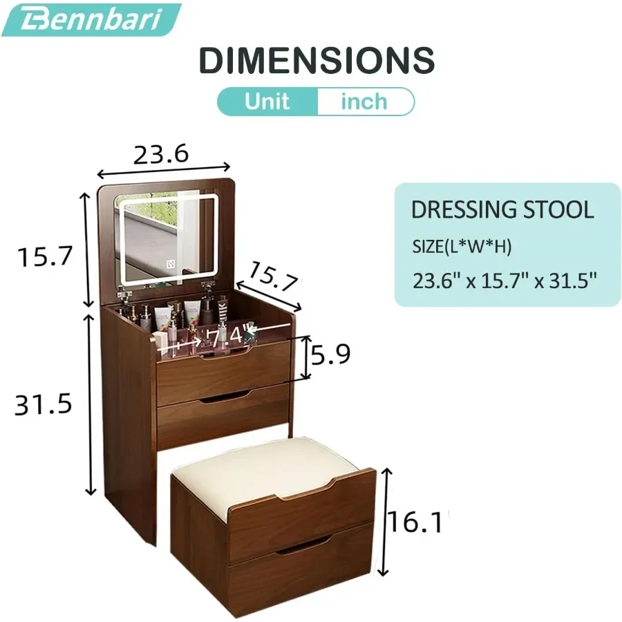 3 in 1 Vanity Desk with Flip Top Mirror, Small Makeup Vanity Set Visible Glass Desktop, Dressing Table with Cushioned Tool, 3 D