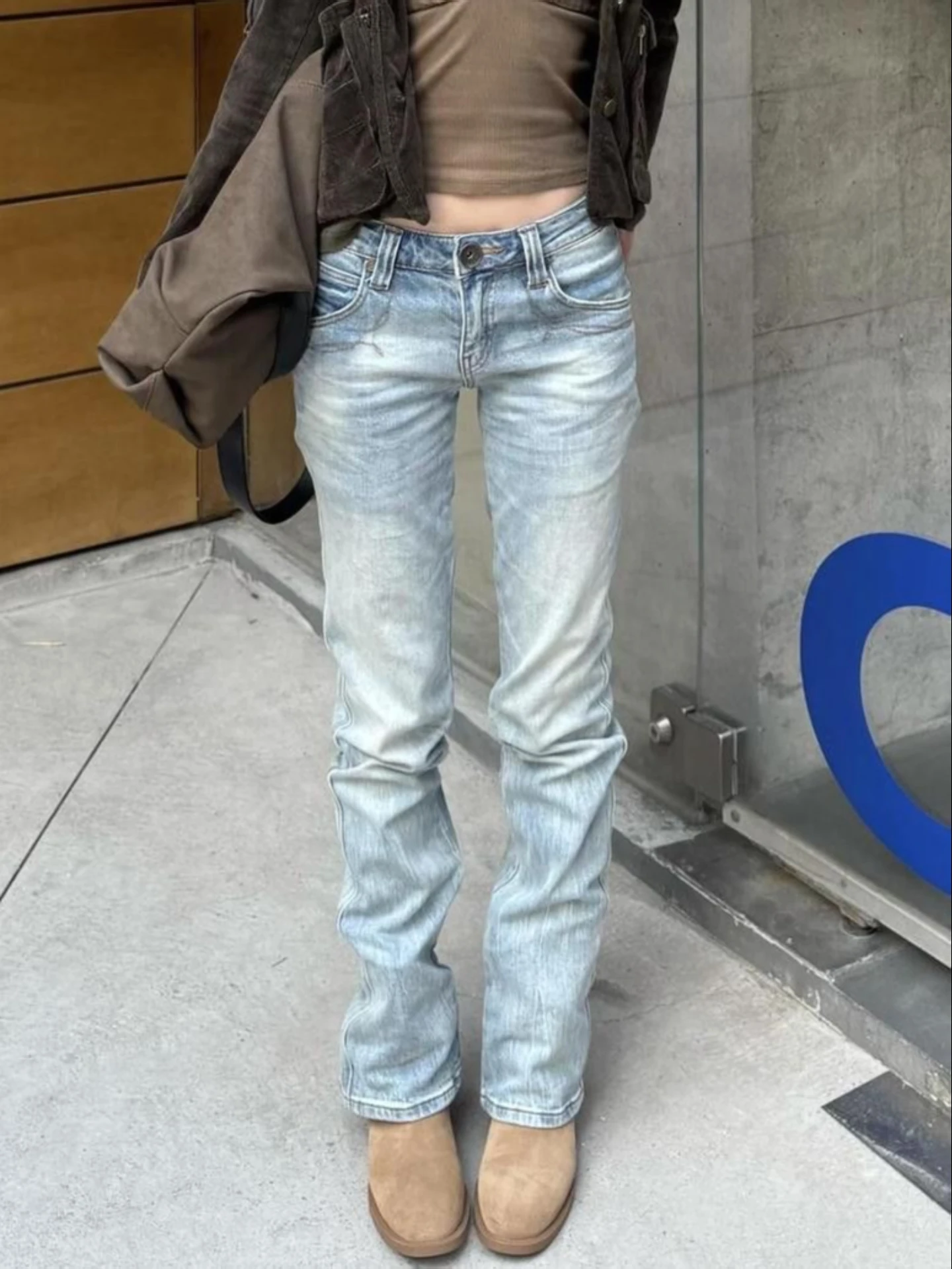 

Retro American Large Size Embroidered Washed out Jeans Low Waist Straight Leg Long Pants for Women Casual Summer Spring