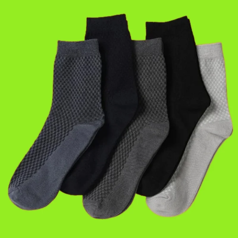 Calcetines de fibra de bambú para hombre, medias de tubo medio con patrón de doble aguja, a cuadros pequeños, transpirables y cómodos, 5/10 pares