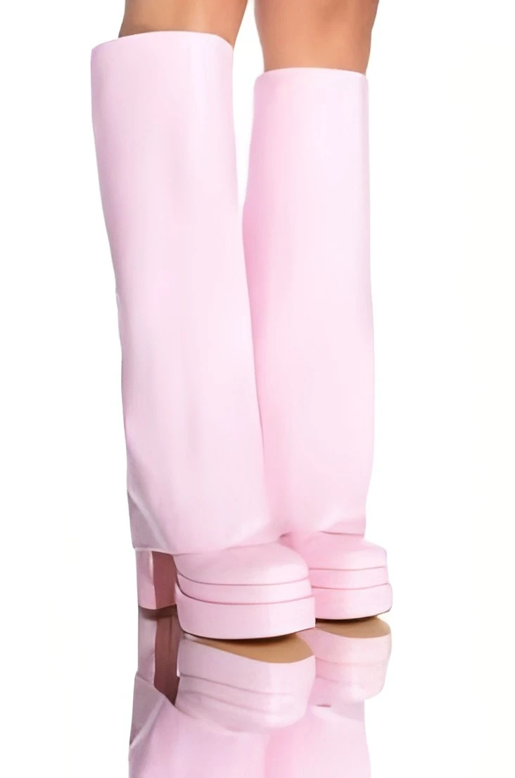 Damen-Stiefel mit runder Zehenpartie, rosa, überklappbare weite Schaftröhre, kniehoch, doppellagige Plattform, Blockabsatz, Punk-Club-Hochstiefel