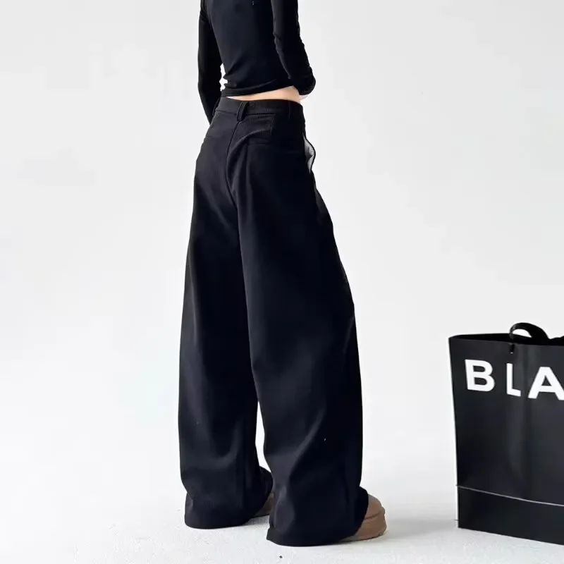 American Retro High Waist Single Button Trousers Women's Clothing Wide Leg Fashionable Pleated Loose Basic Straight Casual Pants