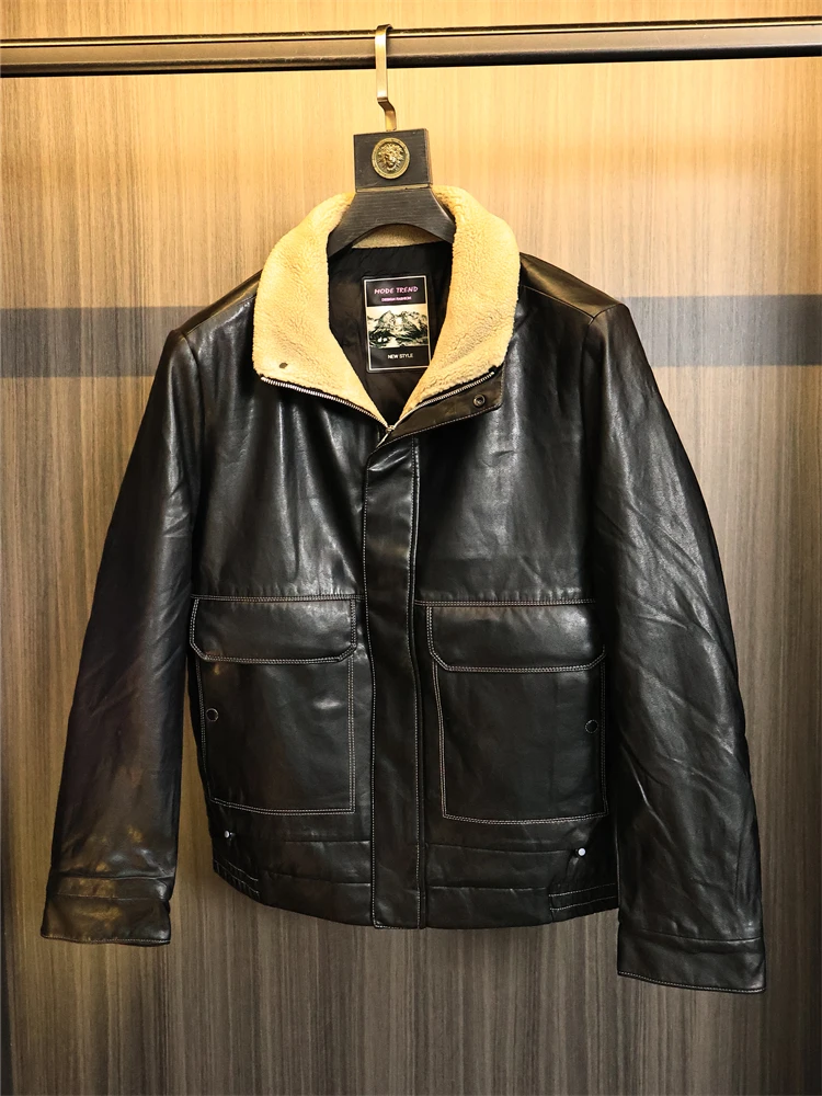 

High-End Men's Winter Jaet Du down Leather Velvet One-Piece Faionable Warm All-Match ey Youth Straight Tube Sle