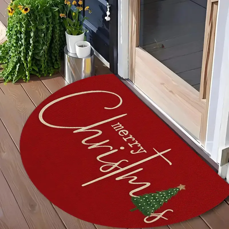 Red Background Gold Merry Christmas Script Rug For Classic Porch Playful Xmas Vibe Non Slip Decorative Floor Cover