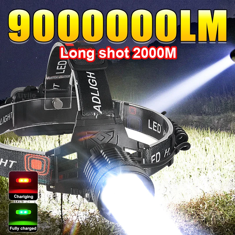 

Супермощный налобный фонарь 900000LM, перезаряжаемый через USB, с большой апертурой, светодиодный, для кемпинга и рыбалки