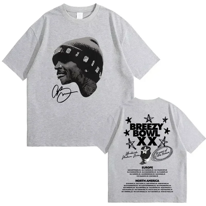 كريس براون بريزي باول XX 2025 جولة موضة الهيب هوب تي شيرت القطن طاقم الرقبة قصيرة الأكمام الديكور الخارجي المرأة