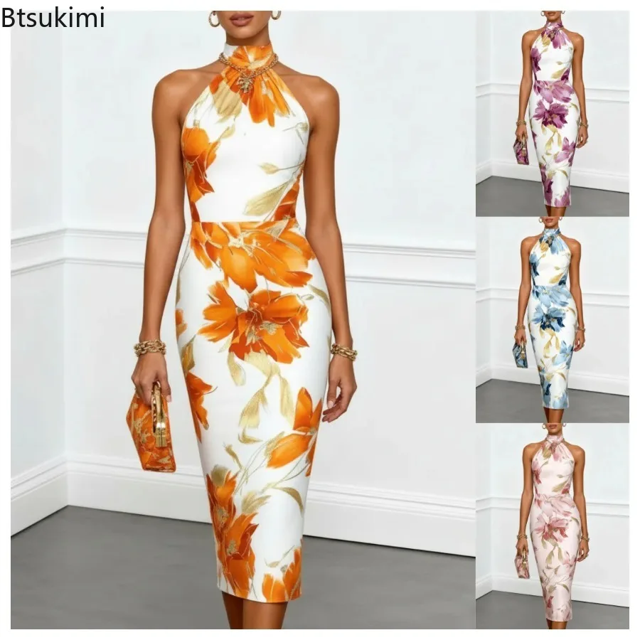 Neues 2026 Damen Blumenmuster Bodycon-Kleid Sommer Sexy Schulterfreies Ärmelloses Neckholder-Sommerkleid Elegantes Party-Midikleid