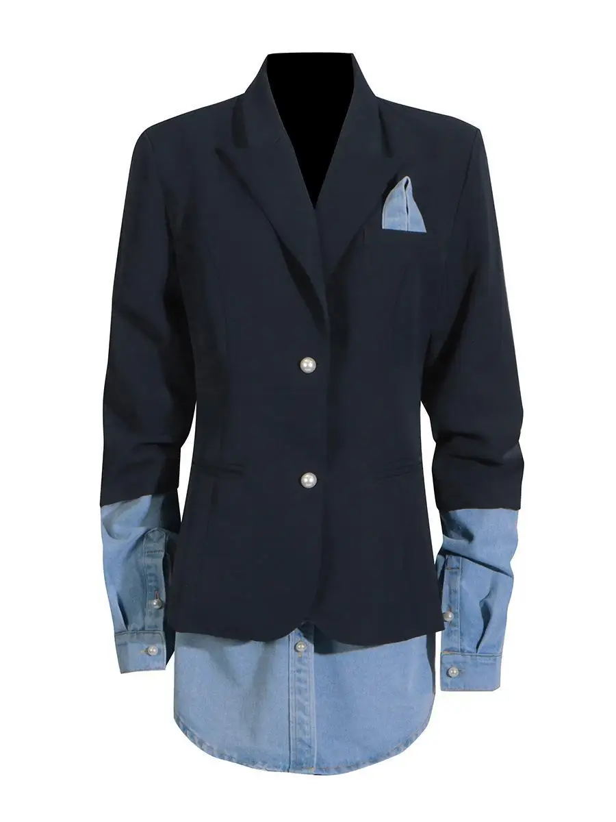 Tannt Women Blazer 2026 Denim Stitched Single Breasted Ladies Black Blazer Coat Fashion Women's Long Suit Jacket New