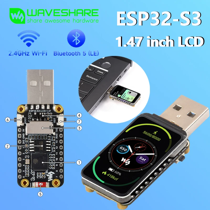 Waveshare ESP32-S3 1.47inch Display Development Board, 172×320, 262K Up to 240MHz Frequency Supports WiFi & Bluetooth LCD Screen