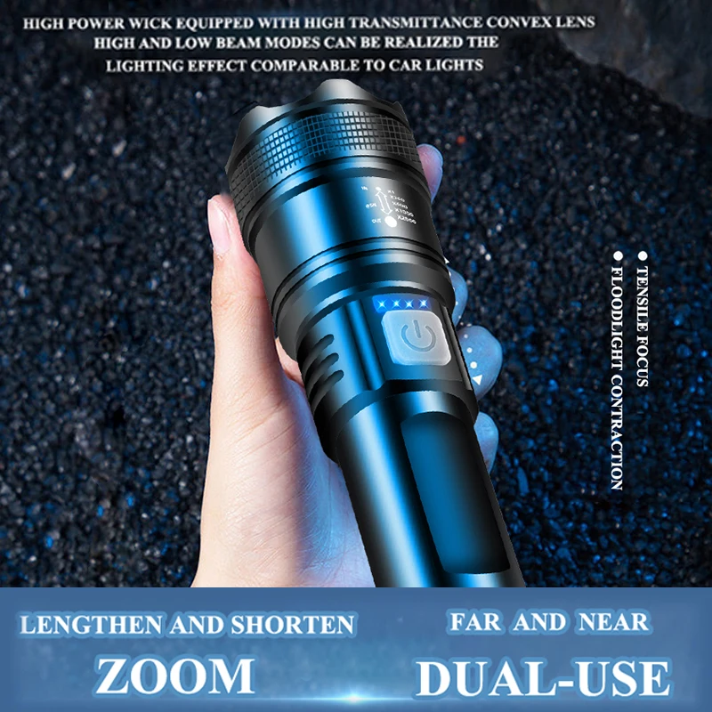 Powerful XHP70 LED Flashlight Built in 26650Battery USB Rechargeable Zoom Torch With Tail Warm Light Outdoor Camping Lantern