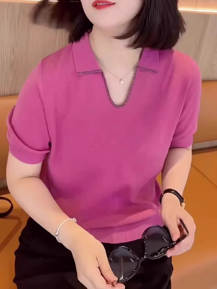 

Удобный роскошный дизайн, вязаный летний топ из ледяного шелка ort Sve, повседневная корейская футболка из смеси шелка прямого кроя