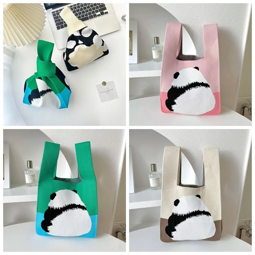 Vest Shape Panda Wrist Bag Cute Cartoon Animal Knitted Handbag Mommy Bag Tote Bag Mini Knot Bag Girls