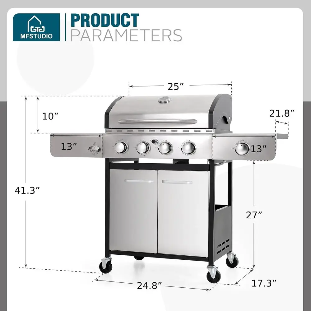 4-Burner Stainless Steel Gas Grill with Side Burner, Silver | Double-Layer Lid, Porcelain-Enameled Cast Iron Grates, 42,000 BTU