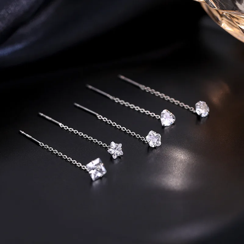 Cor de prata minimalista brilhante zircão borla gota brincos para mulheres coração flor geométrica linha orelha longa brinco luxo jóias