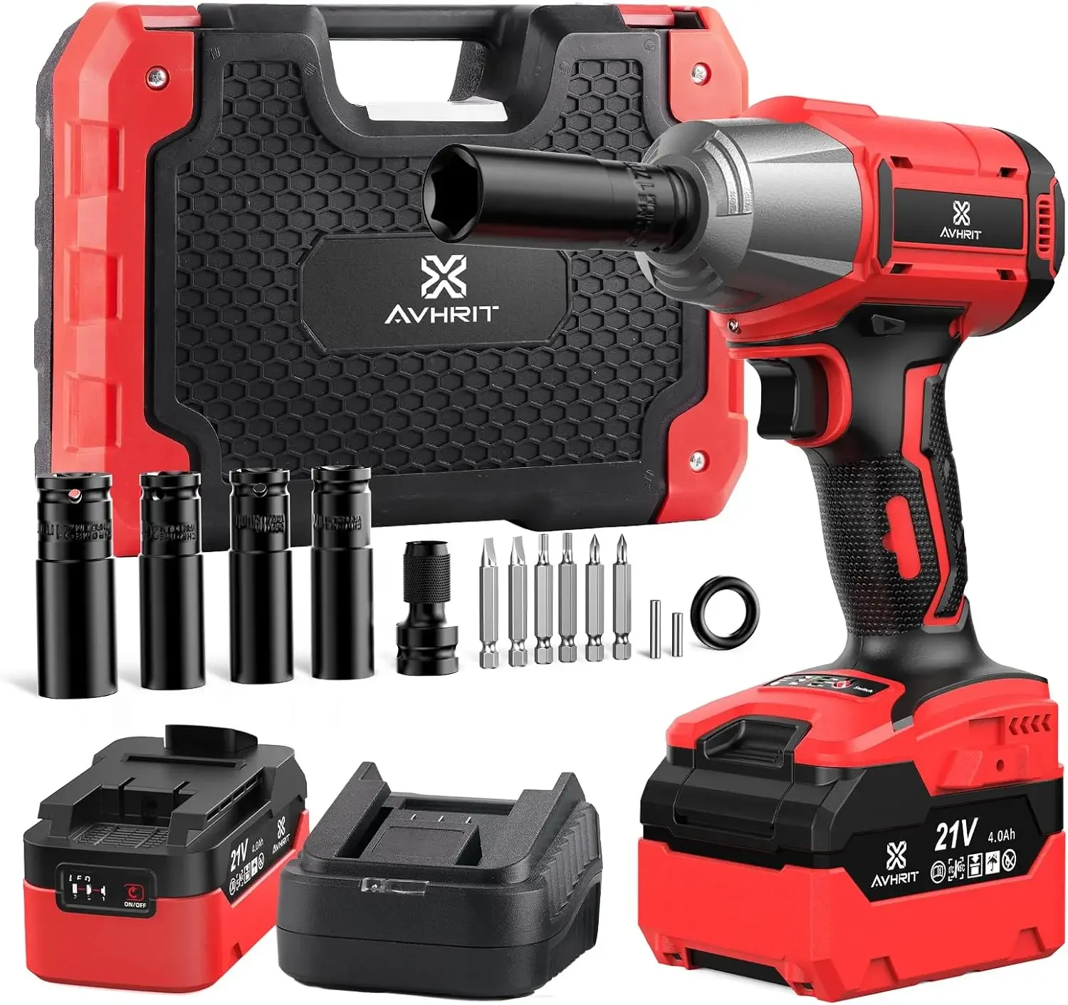 

Cordless Impact Wrench 1/2 inch, 480Ft-lbs (650Nm) Brushless Power Impact Gun 1/2 drive w/ 4.0Ah Battery, 4 Sockets, USA