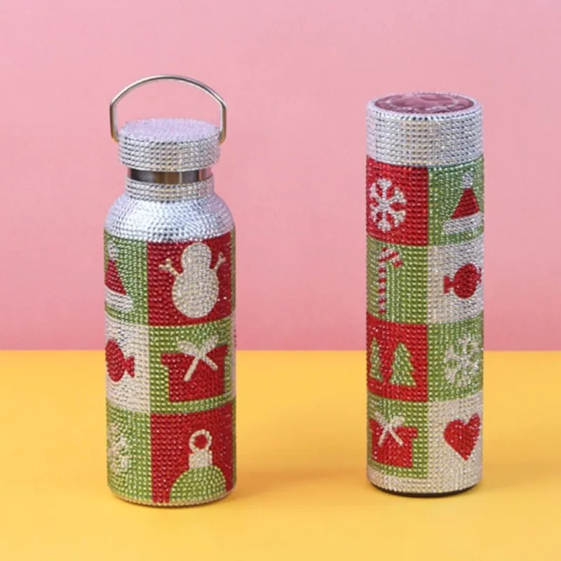 Digital Thermometer Tumbler Christmas Icon Rhinestone Grip Cup Hot-Fix Czech Thermos Glitter Stainless Steel Vacuum Drinkware