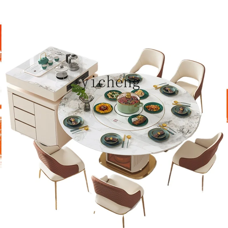 

ZK Stone Plate Kitchen Island Dining Table Integrated Household Detachable round Table Telescopic Folding with Induction Cooker