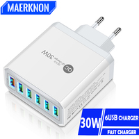 6 Ports USB Charger 30W Multiple USB QC3.0 Universal Fast Charging Mobile Phone Quick Charge Wall Adapter for Iphone 15 Xiaomi