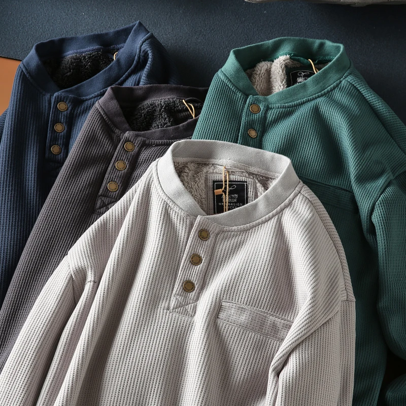 

Американская повседневная толстовка с двойным слоем флисовой подкладки, теплая, с воротником-хенли, свободного кроя, для молодежи, осенне-зимняя, хлопковая