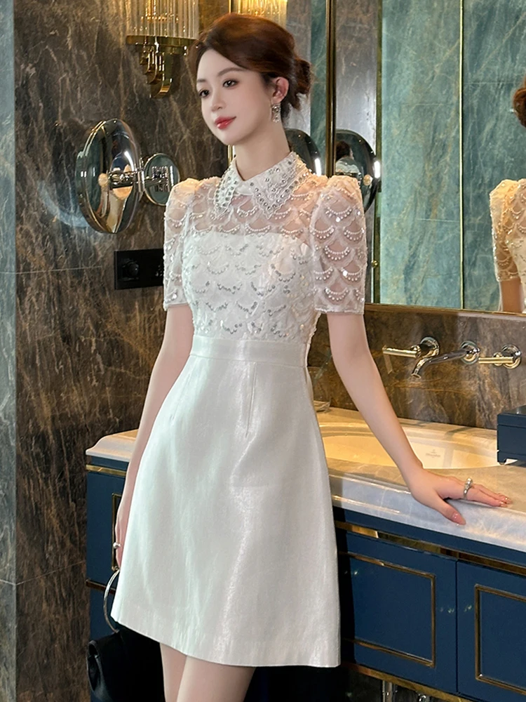 ปลอม 2 ชิ้นหรูหราหรูหราทํางานสไตล์อย่างเป็นทางการชุดสั้นเสื้อผ้าผู้หญิง Vintage เลื่อมแขนสั้น Slim Vestidos