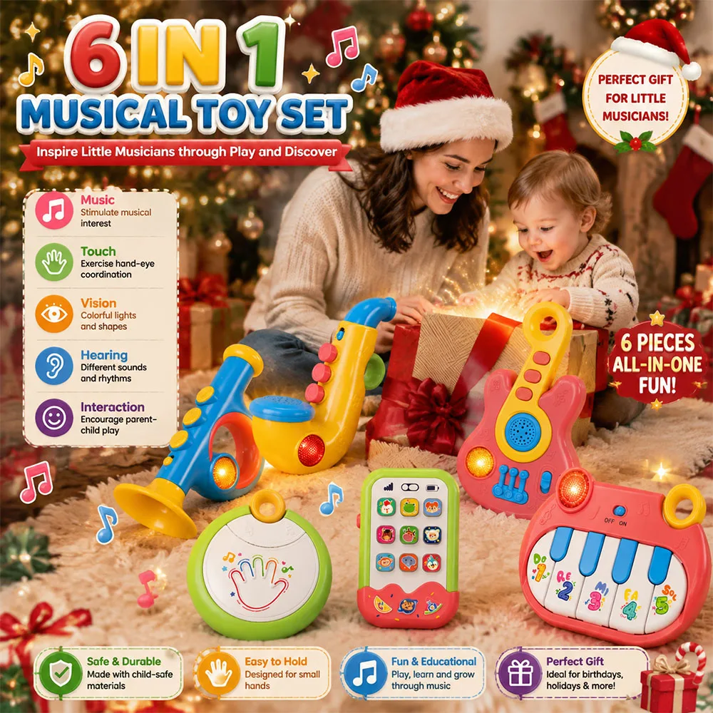 6-in-1 Baby Musical Toy Set for Boys & Girls Light-Up Electronic Instruments Early Learning Educational Gift Toy