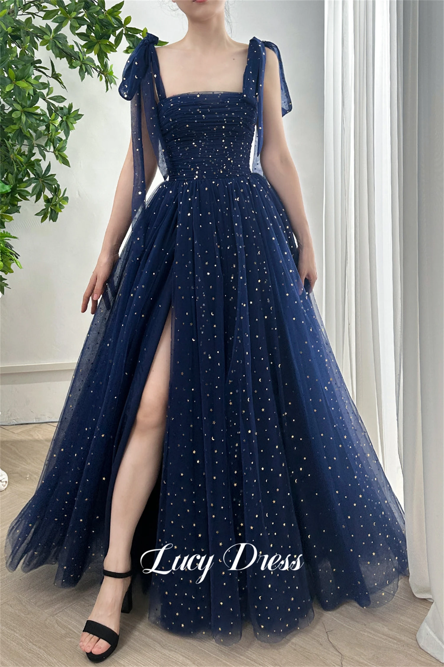 Elegant Luxury Party Dress Ball Gown Line A Graduation Navy Blue Star Glitter Fabric Evening Dresses Women Summer Customized