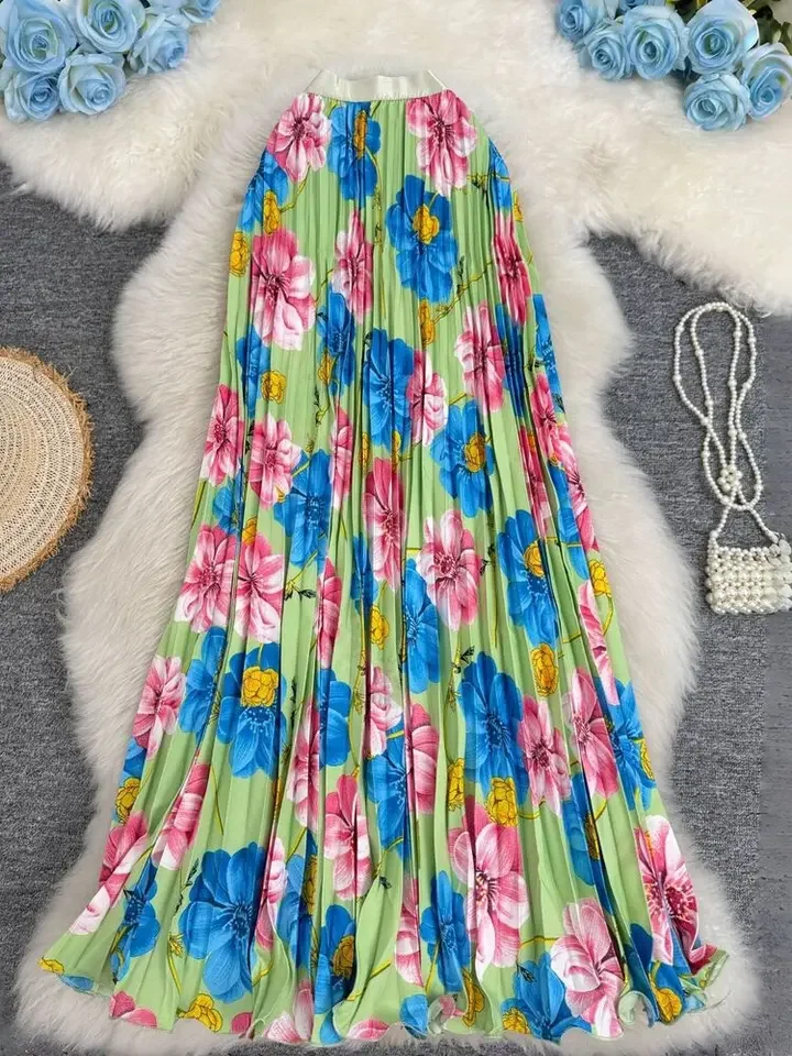 2026 New 3D Floral Pleated Large Hem Women's Skirts Spring Summer Holiday Style High Waist Elegant Long Skirt