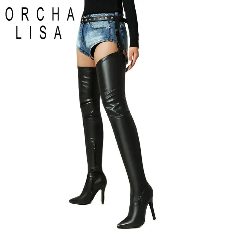 ORCHALISA Sexy Female Thigh Boots Pointed Toe Stiletto 10cm Zipper Belt Buckle Pants Bota Plus Size 47 48 Party Night Club Shoes