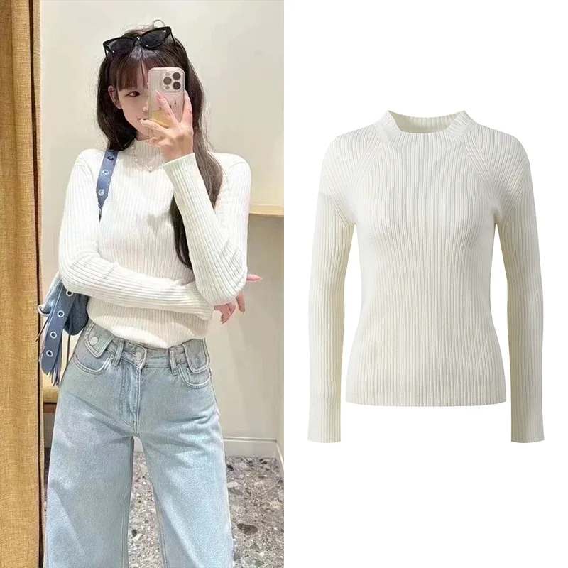 

Высококачественная версия, европейский женский простой светлый круглый трикотаж Ne Long Sve, белый облегающий базовый топ