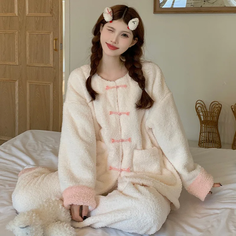 

M-2XL пижамный комплект из кораллового флиса, женская китайская зимняя одежда для сна в стиле ретро, фланелевая утолщенная теплая домашняя одежда, которую можно носить на улице, пижамы
