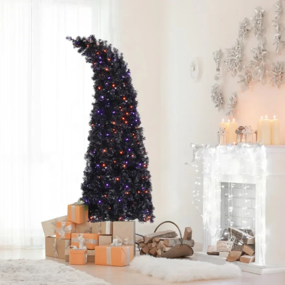 Black 400 Lights Purple and Orange 10 Functions with Remote Control 1050 Branches Wizard Hat Shape PVC Material Christmas Tree